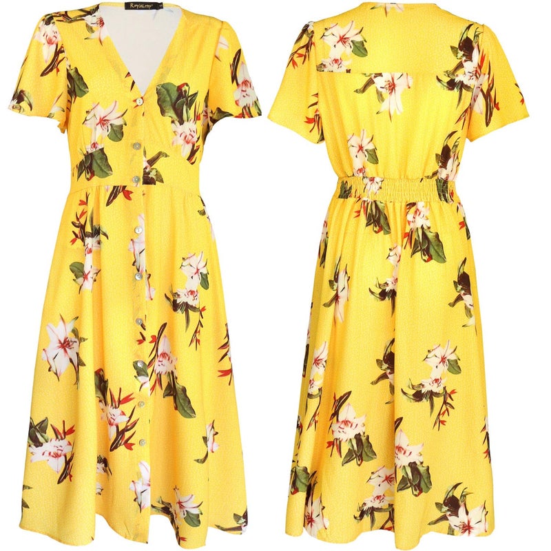 ROYLAMP Women's Floral Button Up Split V Neck Short Sleeve Casual Flowy Midi Dress with Pockets Yellow Floral XL - Image 5